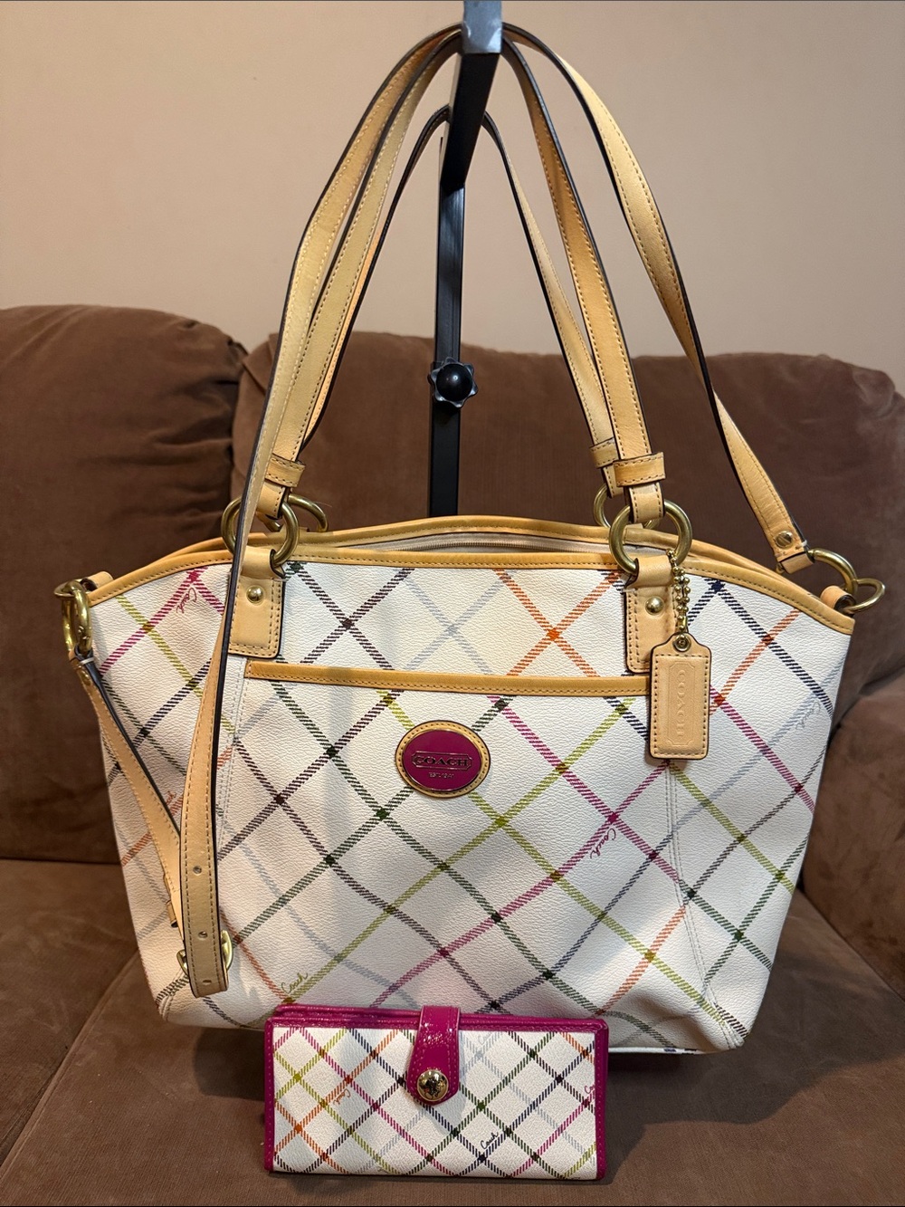 Coach Cream Multicolor Plaid Shoulder Tote with Pink Trim AND matching wallet.